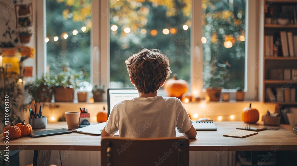 boy studying at home with autumn decorations boy studying at home with autumn decorations