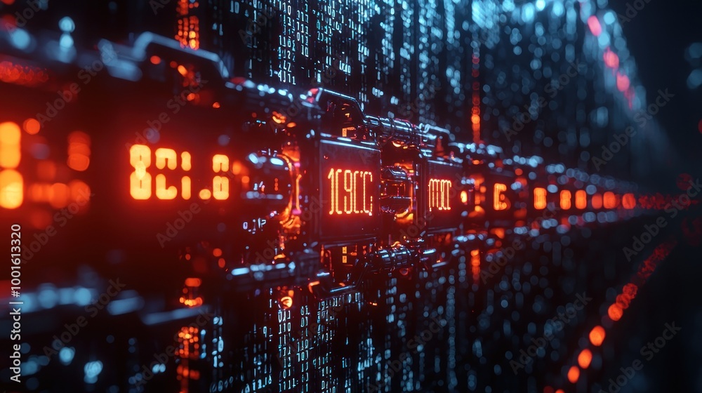 Data blocks being encrypted in real-time with binary code floating and firewalls in the backdrop, giving a tech-heavy vibe. Data blocks being encrypted in real-time with binary code floating and firewalls in the backdrop, giving a tech-heavy vibe.
