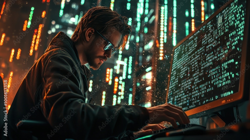 A programmer encrypting data on a computer, with binary code streams and high-tech equipment in the background.