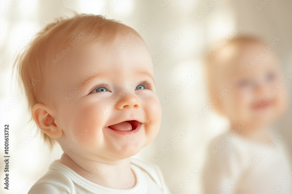 Happy baby smiling joyfully in a softly lit room with another child in the background Happy baby smiling joyfully in a softly lit room with another child in the background