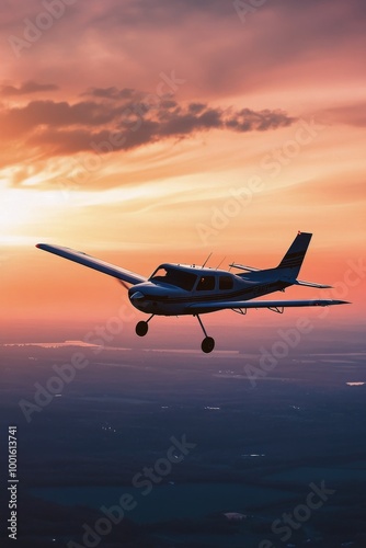 Small aircraft flying at sunset over a serene landscape with fields and water...