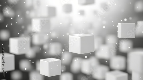 Floating white cubes in a soft light background with a dreamy atmosphere