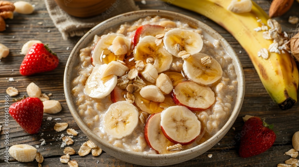 Flat lay of delicious oatmeal porridge with fresh ingredients on a rustic wooden table Flat lay of delicious oatmeal porridge with fresh ingredients on a rustic wooden table