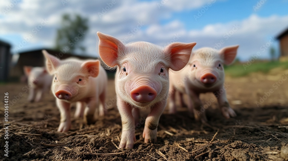 Cute piglets walking outdoors