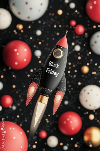 Exciting Black Friday promotion with a rocket design surrounded by colorful s...