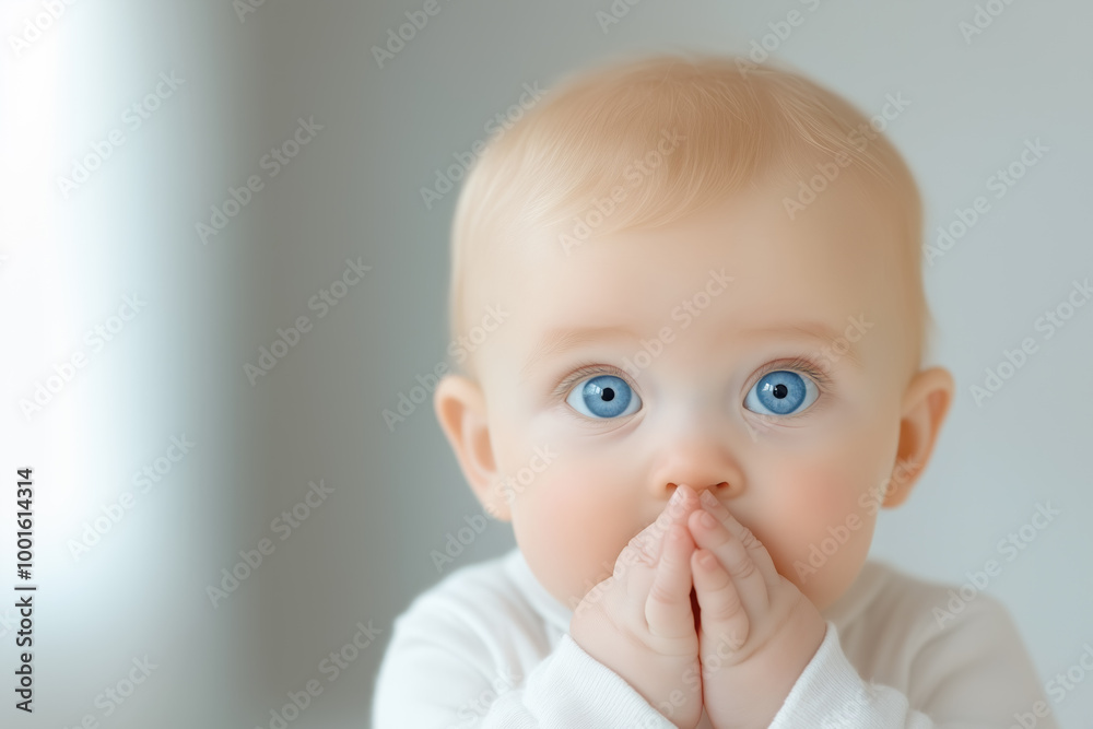 Adorable baby with blue eyes covering mouth in a bright indoor setting during daytime Adorable baby with blue eyes covering mouth in a bright indoor setting during daytime