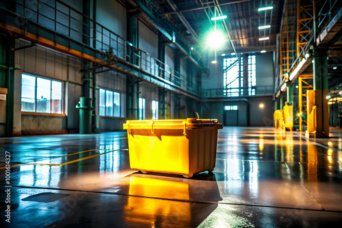 A yellow trash can sits in a large, empty warehouse. The space is dimly lit, with only a few windows providing natural light. The atmosphere is quiet and unoccupied