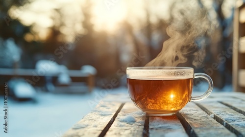 Cup of hot tea on winter background composition 