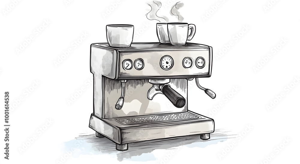 A simple line drawing of an espresso machine, with visible steam and metal buttons on the side panel. Design should be clear and concise. Hand drawn art concept A simple line drawing of an espresso machine, with visible steam and metal buttons on the side panel. Design should be clear and concise. Hand drawn art concept