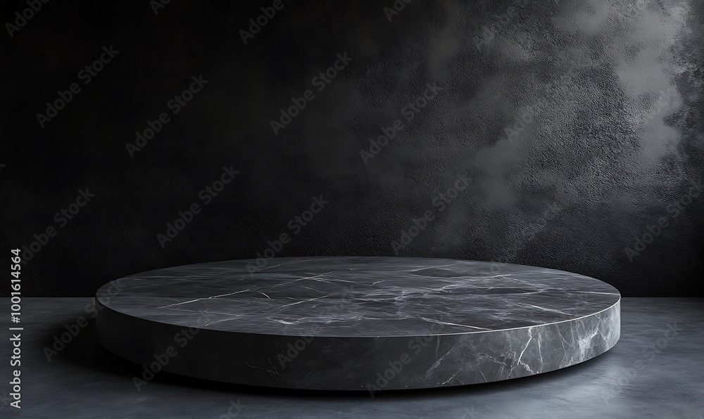  3D product table in an empty studio against a black wall. Podium for presentation. Concrete dark surface. Marble luxury countertop mockup. 