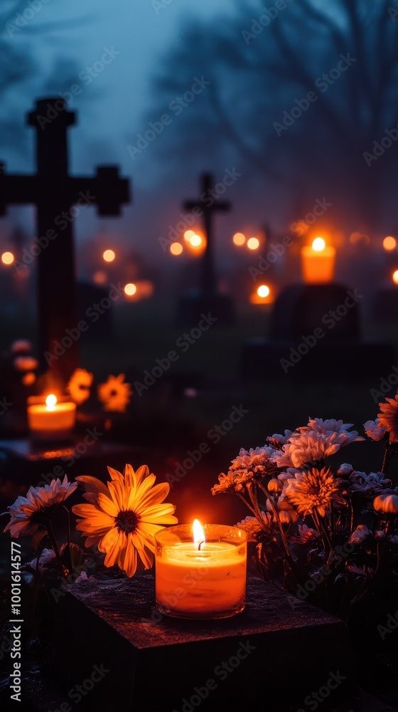 Candles light graves and flowers rest, creating a calm atmosphere on All Souls' Day
