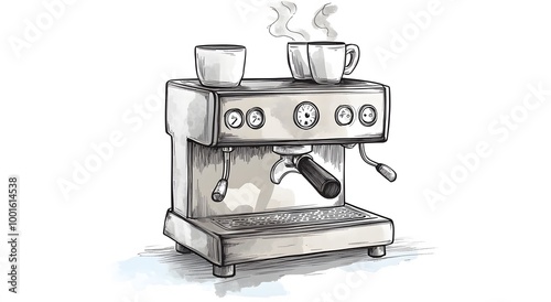 A simple line drawing of an espresso machine, with visible steam and metal buttons on the side panel. Design should be clear and concise. Hand drawn art concept