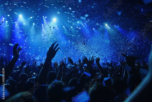 A crowd of people are celebrating with confetti falling from the ceiling, generative ai image