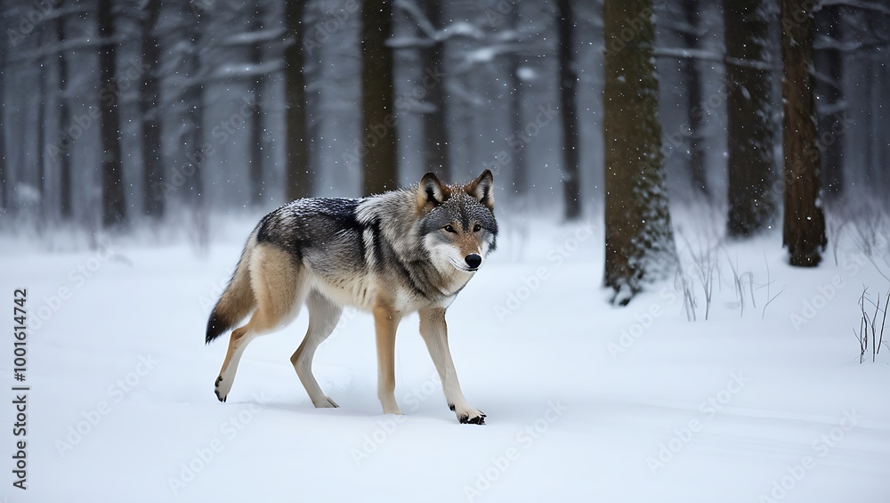 Fototapeta premium In this captivating scene, a lone wolf makes its way through a snow-covered forest, embodying both solitude and strength.