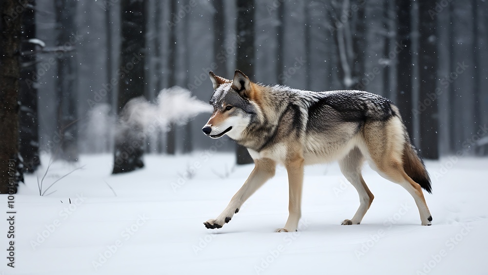 In this captivating scene, a lone wolf makes its way through a snow-covered forest, embodying both solitude and strength. In this captivating scene, a lone wolf makes its way through a snow-covered forest, embodying both solitude and strength.