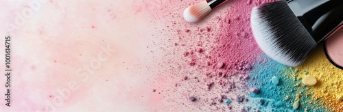 Colorful makeup brushes and powder pigments scattered on a white surface for ...