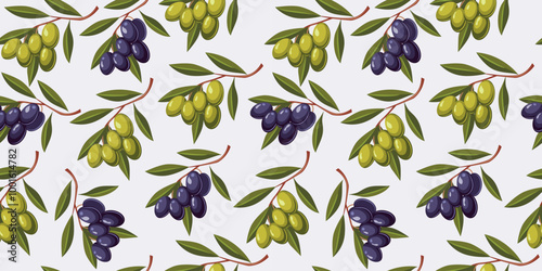 Seamless pattern with branches of green and black olives on a light background.