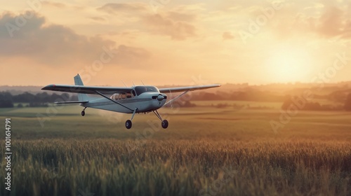 Small plane flying at sunset over a patchwork of fields and valleys photo