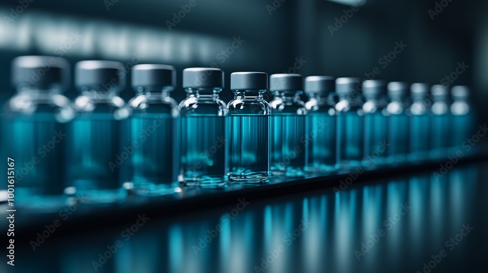 Row of glass vials with blue liquid Row of glass vials with blue liquid