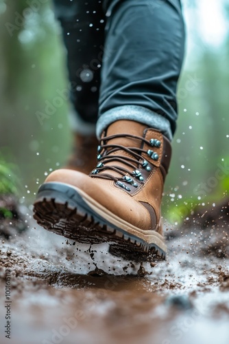 A person steps through a muddy trail with sturdy hiking boots in a lush green...