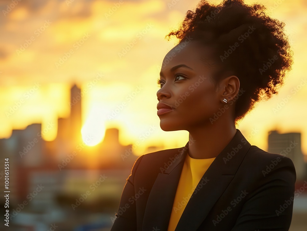 confident black businesswoman in power suit gazing at urban skyline golden hour light casting warm glow embodying success ambition and future possibilities confident black businesswoman in power suit gazing at urban skyline golden hour light casting warm glow embodying success ambition and future possibilities