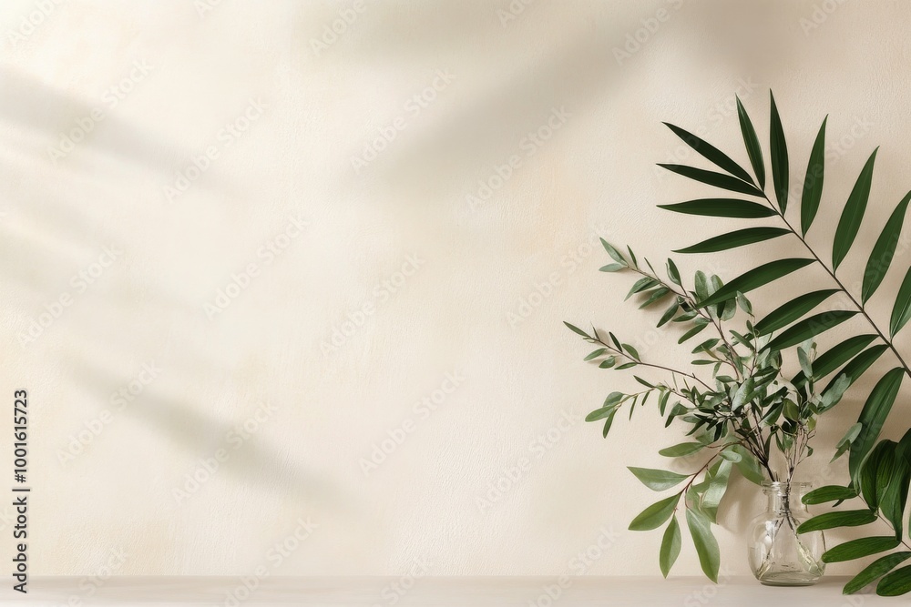 Elegant palm leaves casting shadows on a soft, neutral wall in a bright, serene space Elegant palm leaves casting shadows on a soft, neutral wall in a bright, serene space