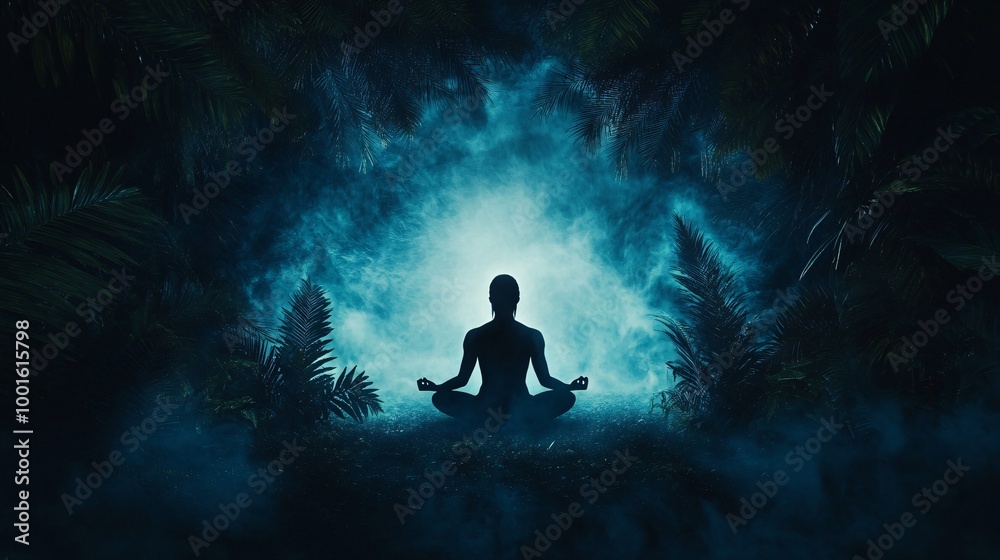 Silhouette of a Meditating Person in a Forest with Fog Silhouette of a Meditating Person in a Forest with Fog