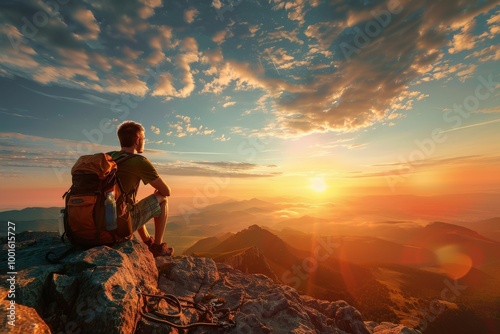 A man is sitting on a rock with his backpack on, looking out at the sunset, generative ai image