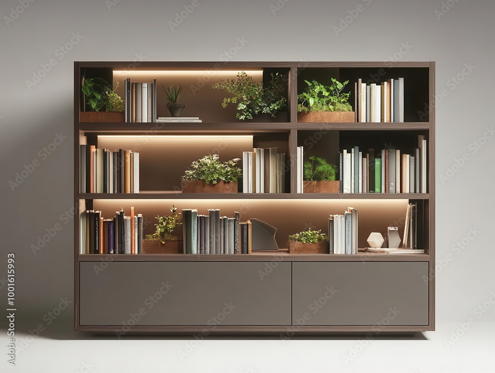 contemporary bookshelf with clean lines and integrated planters stylish blend of form and function perfect for modern office or home decor soft lighting enhances organic elements contemporary bookshelf with clean lines and integrated planters stylish blend of form and function perfect for modern office or home decor soft lighting enhances organic elements