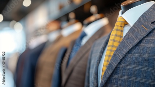 Tailored suits displayed elegantly in a clothing store showcasing various sty...
