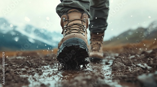 Hiker navigating a muddy trail during a rainy day in a forested area
