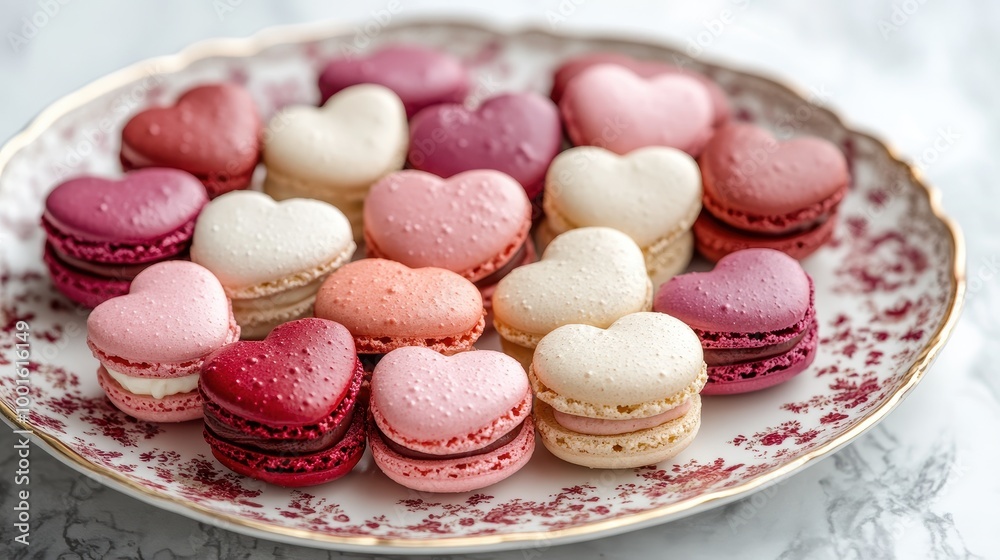 Delicate heart-shaped macarons in pink and red shades are beautifully arranged for Valentine’s Day Delicate heart-shaped macarons in pink and red shades are beautifully arranged for Valentine’s Day