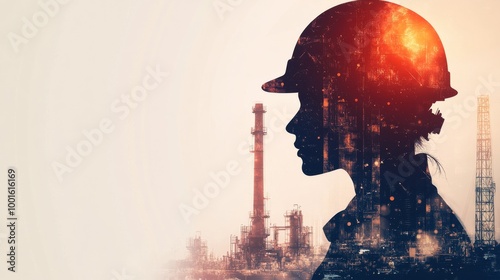 Construction worker observing oil refinery at sunset with industrial silhouet...