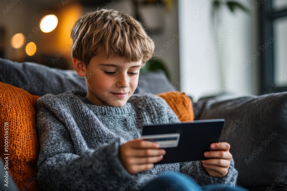 Young boy sits on a sofa, engrossed in his tablet while holding a credit card, engaging in online shopping. Modern childhood, digital interaction, and tech-savvy youth in a cozy home Young boy sits on a sofa, engrossed in his tablet while holding a credit card, engaging in online shopping. Modern childhood, digital interaction, and tech-savvy youth in a cozy home