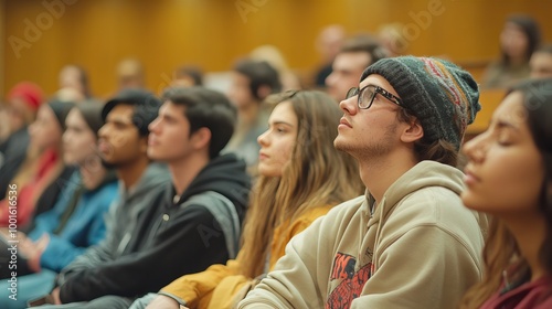 students listening to lecture in lecture hall, concept of college and university level education