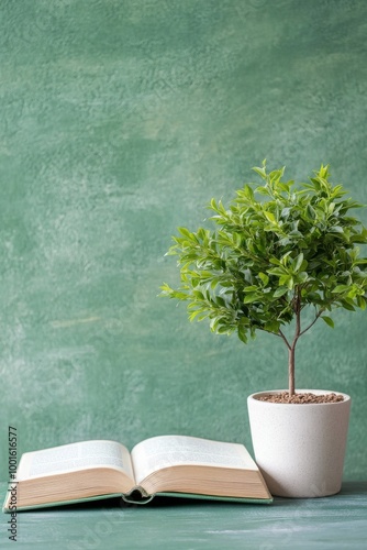 A small green plant grows from an open book on a wooden surface in a serene o...