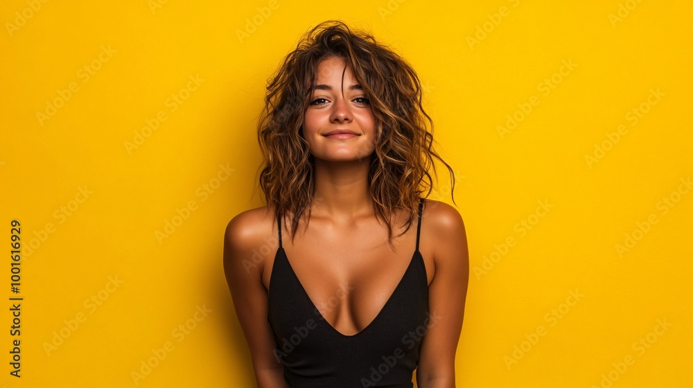 Smiling woman with curly hair against a yellow background Smiling woman with curly hair against a yellow background