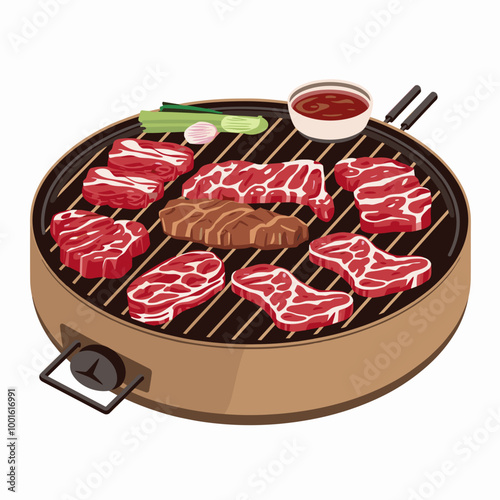 Korean BBQ Grill with Meat and Vegetables Vector Illustration