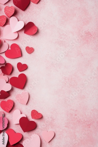 Colorful paper hearts scattered on a soft pink background for a festive celeb...