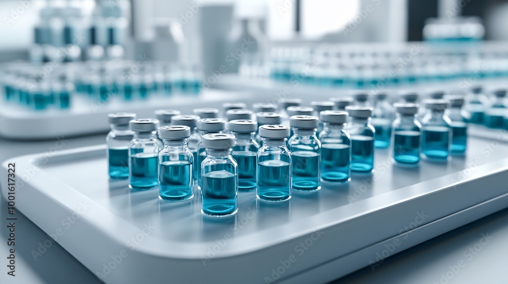 vials of blue liquid in laboratory setting vials of blue liquid in laboratory setting