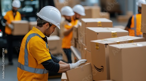 Workers handling packages at a delivery warehouse during daylight hours