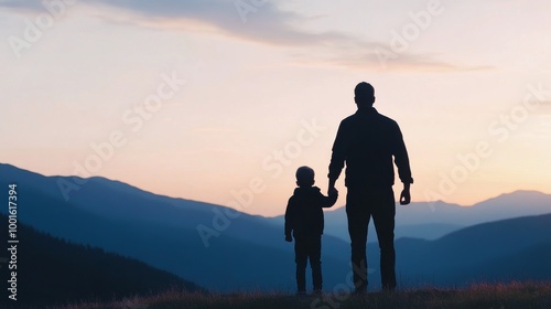 Father and son enjoy a sunset walk together on a grassy hill in early evening