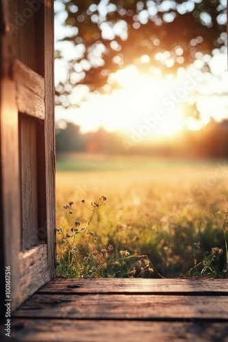 A serene open door framed by wildflowers at sunset in a tranquil meadow setting