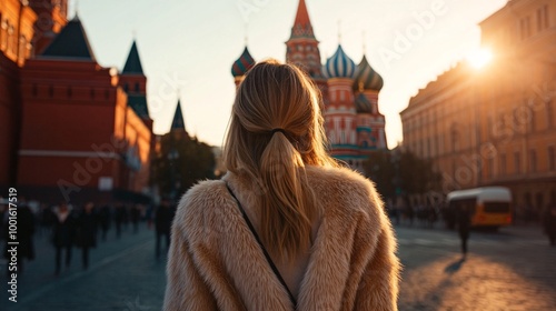 Woman in a Fur Coat by Saint Basil's Cathedral at Sunset