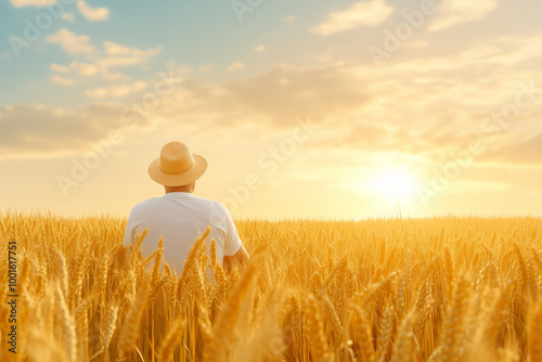 A farmer contemplates the golden wheat field at sunset in a calm rural landscape