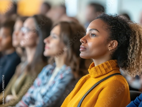 diverse audience listens intently to unseen speaker conference hall filled with attentive professionals creates atmosphere of knowledge sharing