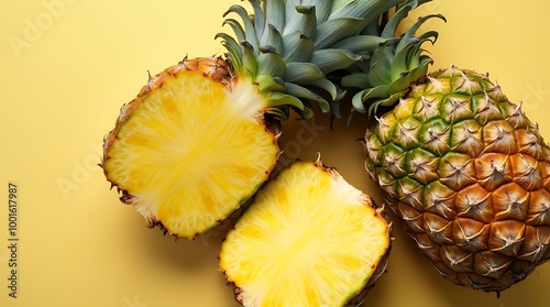 Sweet Pineapples with Yellow Flesh and Spiky Skin in a Fresh Display photo