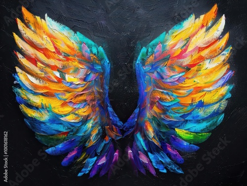 Fototapeta Naklejka Na Ścianę i Meble -  dramatic black background showcasing luminous angel wings painted in vibrant ethereal colors spiritual symbolism and artistic expression