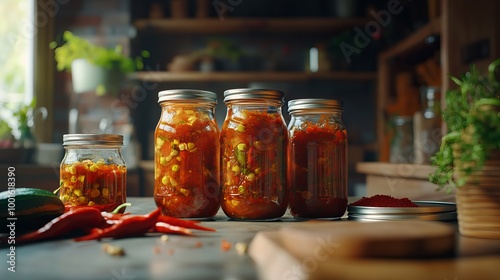 Glass jars with pickled red bell peppers and pickled cucumbers (pickles) isolated. Jars with variety of pickled vegetables, jars with zacusca and bottles with tomatoes sauce. Preserved food concept. 