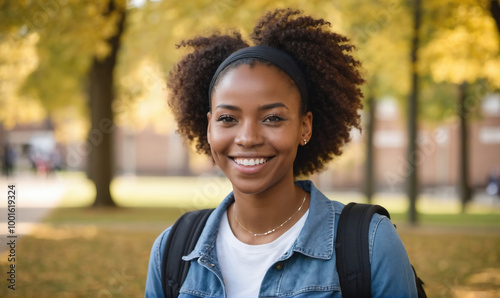 A young woman with a backpack smiles brightly in a park